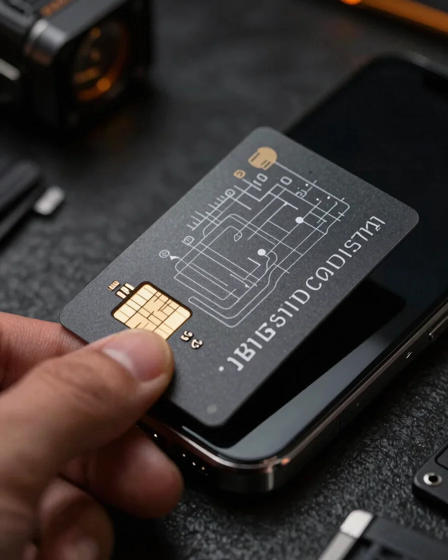 Tight macro shot of an NFC card being tapped by a smartphone, wit
