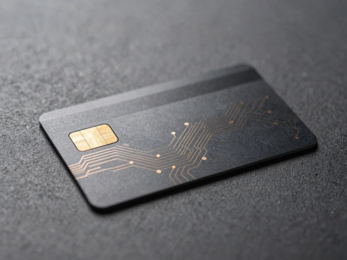 Macro shot of a sleek, dark NFC card with subtle amber circuit li
