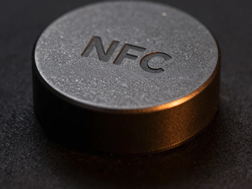 Macro shot of a dark, robust NFC desk puck with amber light refle