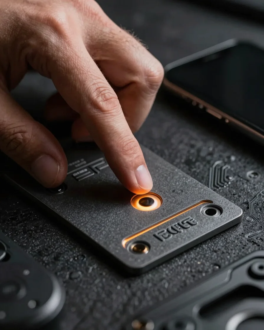 Macro close-up of a tradesperson's hand tapping a smartphone on a