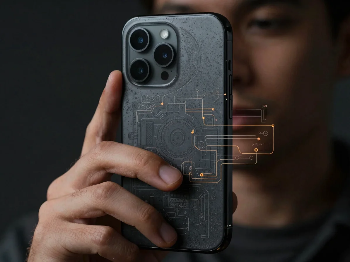 Macro close-up of a tradesperson speaking into a smartphone, with