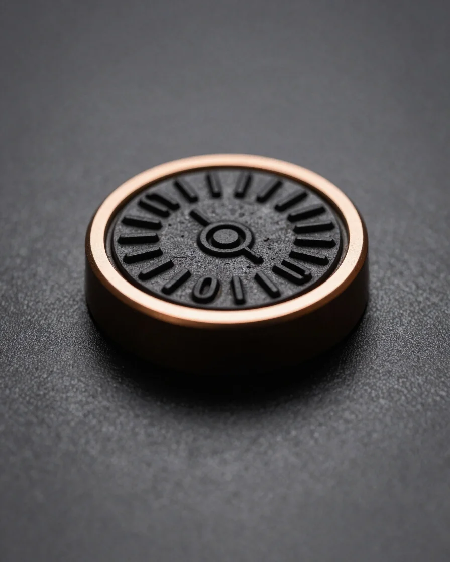 Macro close-up of a tactile NFC desk puck on a matte charcoal stu